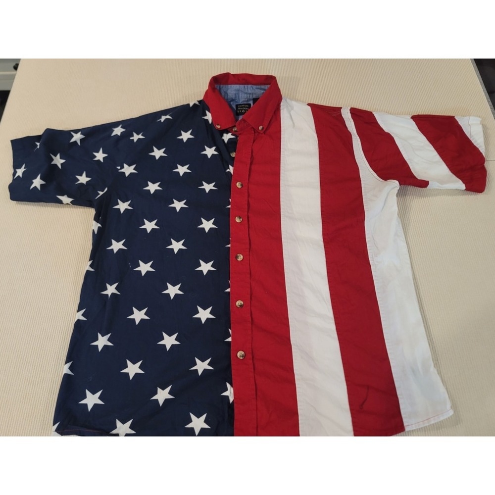 Cotton Traders Sport American Flag Shirt Mens XL Short Sleeve Button Up Western